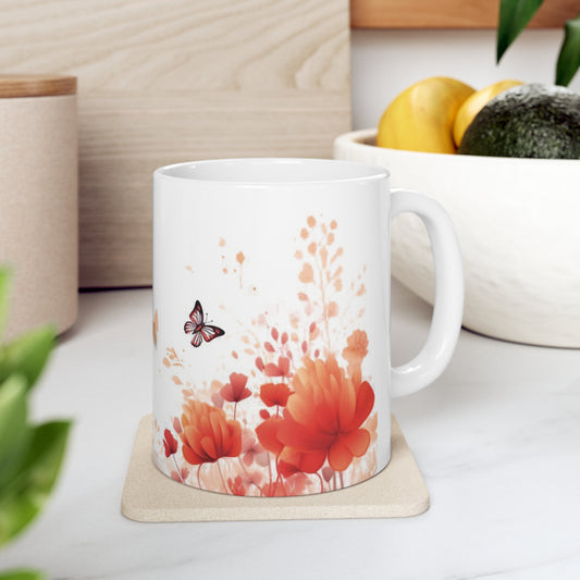 Orange Flowers & Butterflies, Flower Garden Lover, Botanical Tea Cup, Floral Nature Mug, Boho Cottagecore Coffee Mug, Pressed Leaves Mug, Pressed Flowers Mug, Gift For Her