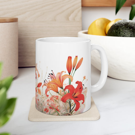 Red Lily Flowers, Flower Garden Lover, Botanical Tea Cup, Floral Nature Mug, Boho Cottagecore Coffee Mug, Pressed Leaves Mug, Pressed Flowers Mug, Gift For Her